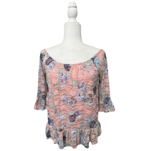 Almost Famous Off The Shoulder Lace Pink Floral Top - Size Small - Picture 10 of 14